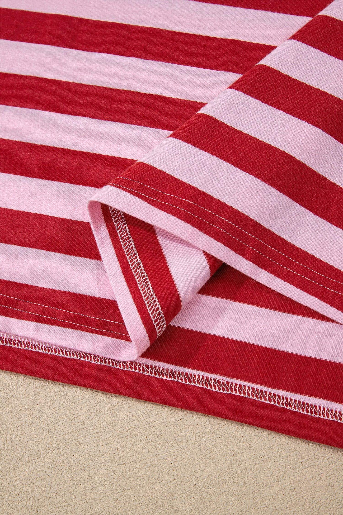 Pink Stripe Split V Neck Casual T Shirt - Sweet Fashion Wholesale