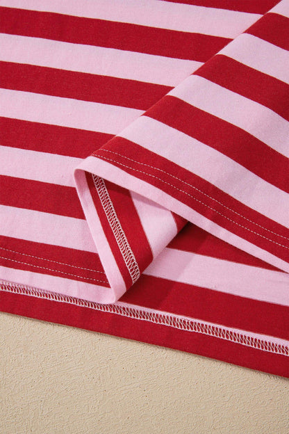 Pink Stripe Split V Neck Casual T Shirt - Sweet Fashion Wholesale