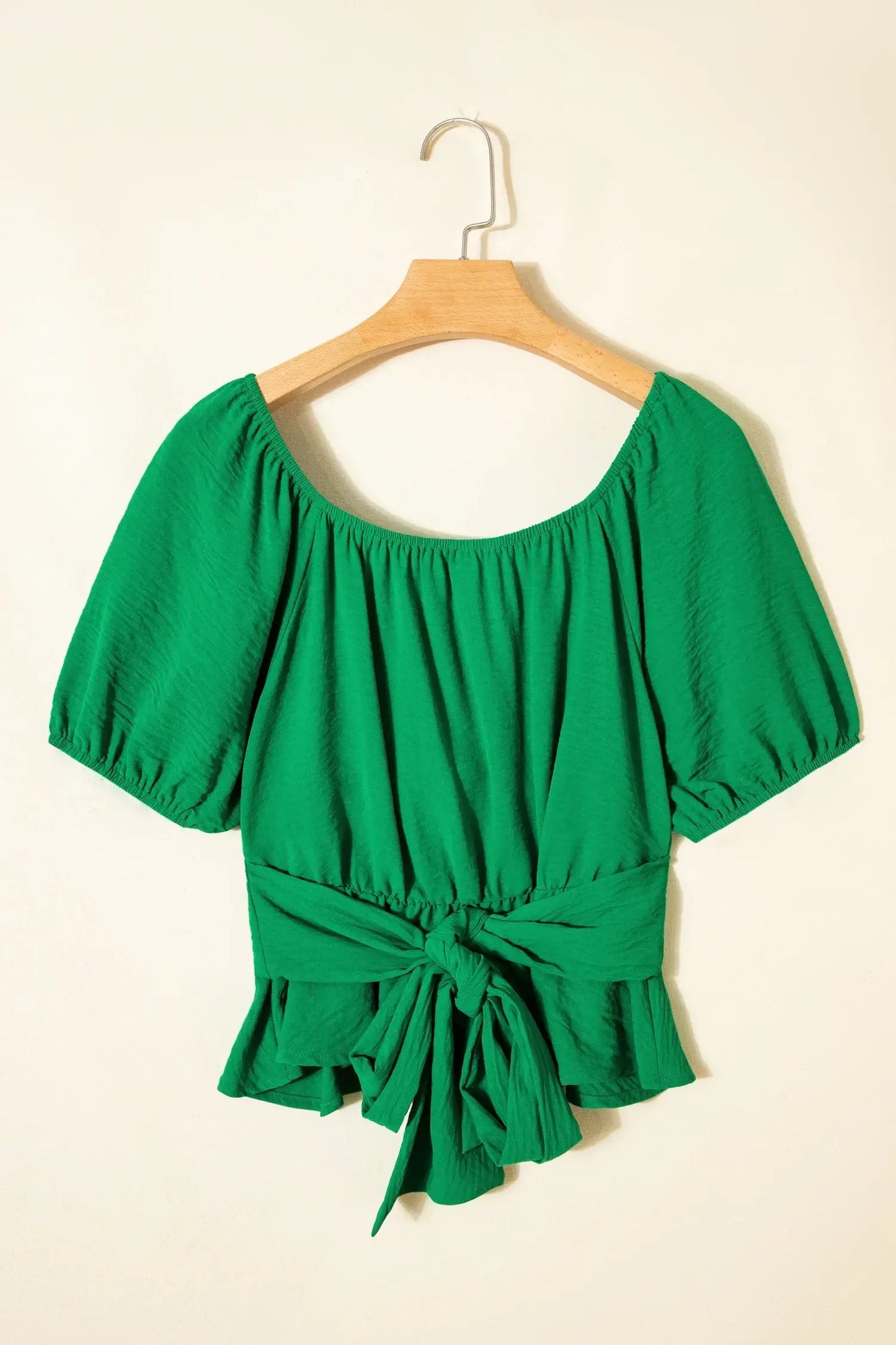 Dark Green Solid Color Ruched Crossed Waist Tied Back Short Sleeve Peplum Top - Sweet Fashion Wholesale