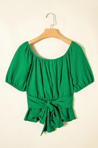 Dark Green Solid Color Ruched Crossed Waist Tied Back Short Sleeve Peplum Top - Sweet Fashion Wholesale