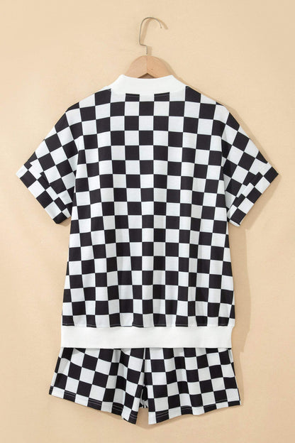 Black Checkered Print Color Block Trim Mock Neck Short Set