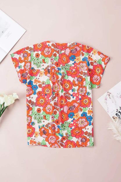 Fiery Red Floral Split Neck Top