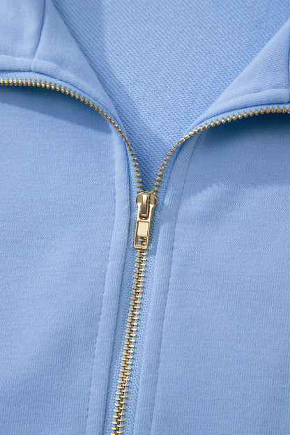 Sky Blue Half Zipped Ruffled Short Set