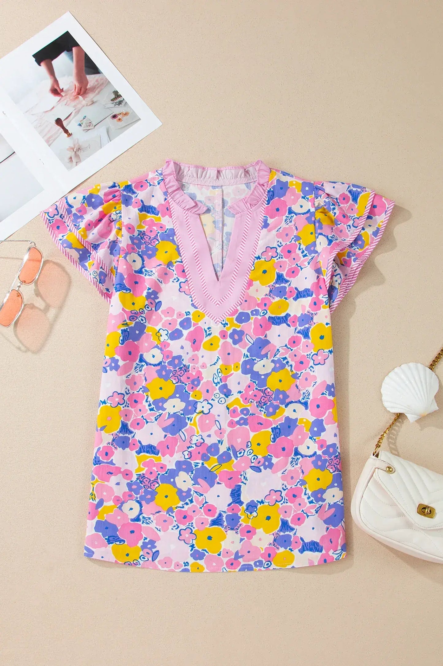 Pink Playful Floral Print Striped Color Block Patchwork V Neck Flutter Sleeve Blouse - Sweet Fashion Wholesale