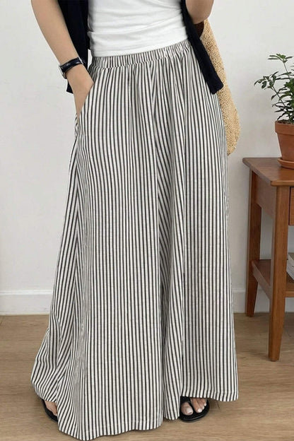 Black Stripe Elastic Waist Ultra Wide Leg Pants