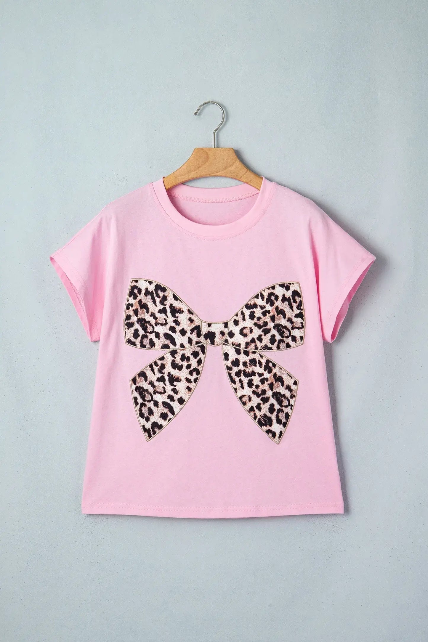 Black Leopard Bow Embroidered Cotton Round Neck T Shirt - Sweet Fashion Wholesale