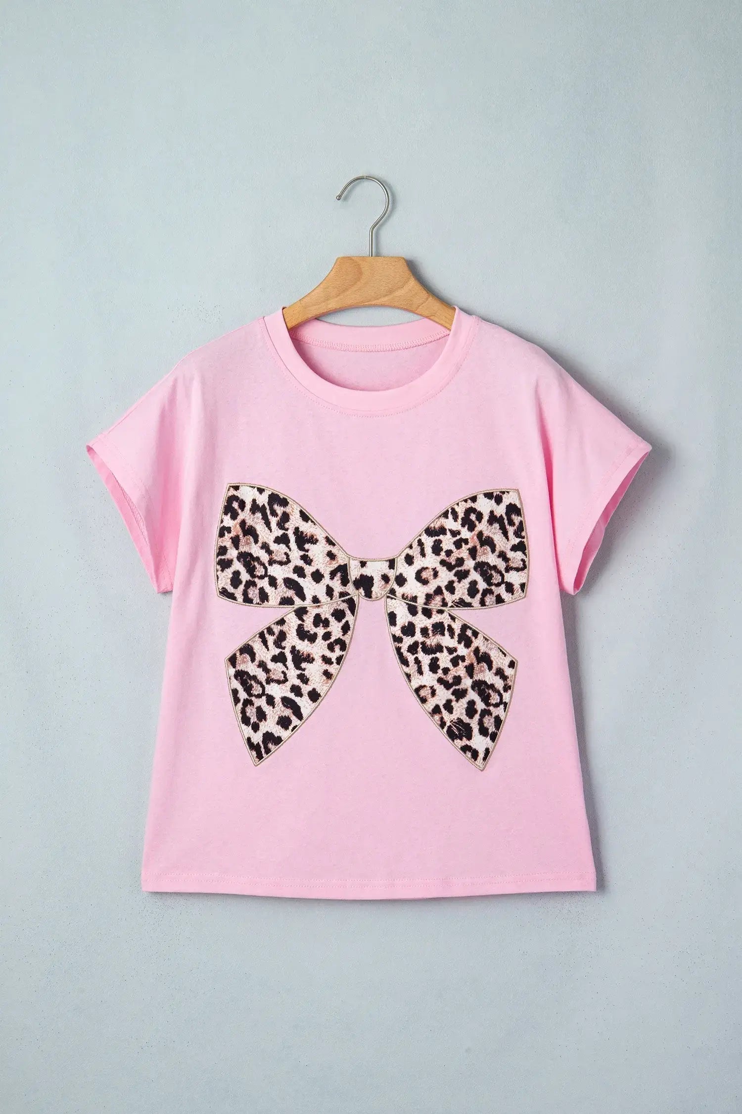 Black Leopard Bow Embroidered Cotton Round Neck T Shirt - Sweet Fashion Wholesale