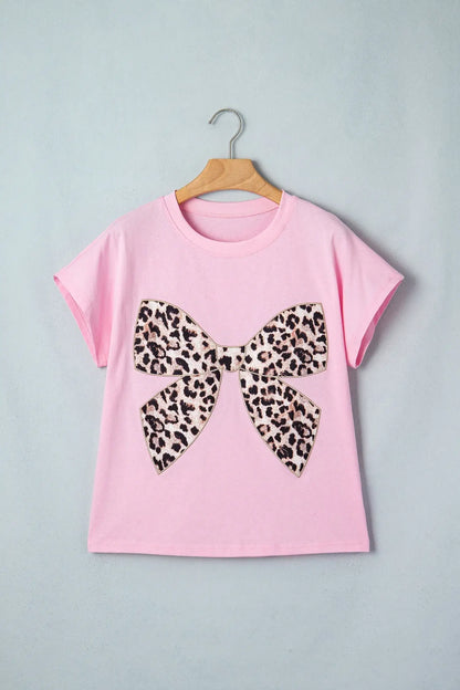 Black Leopard Bow Embroidered Cotton Round Neck T Shirt - Sweet Fashion Wholesale