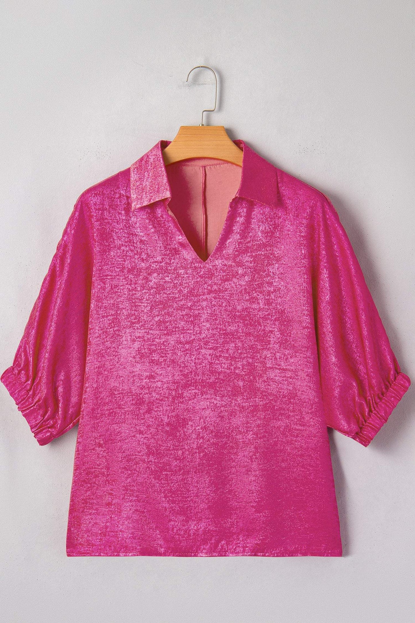 Myosotis Collared V Neck Half Sleeve Metallic Top