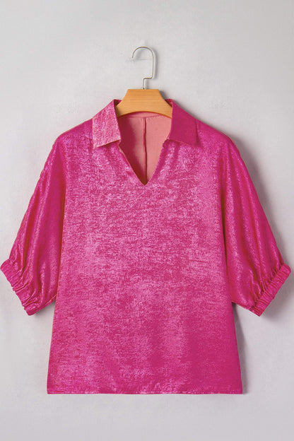 Myosotis Collared V Neck Half Sleeve Metallic Top