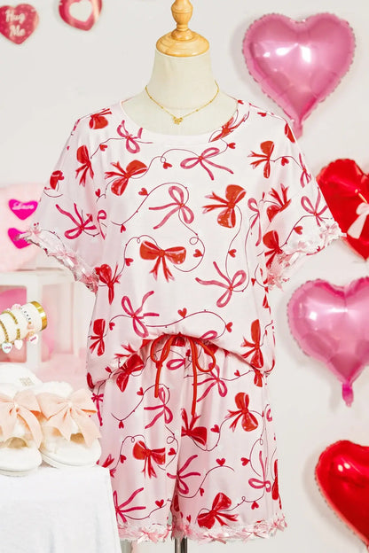 Red Romantic Bow Print Loose Tee Drawstring Shorts 2pcs Lounge Set - Sweet Fashion Wholesale