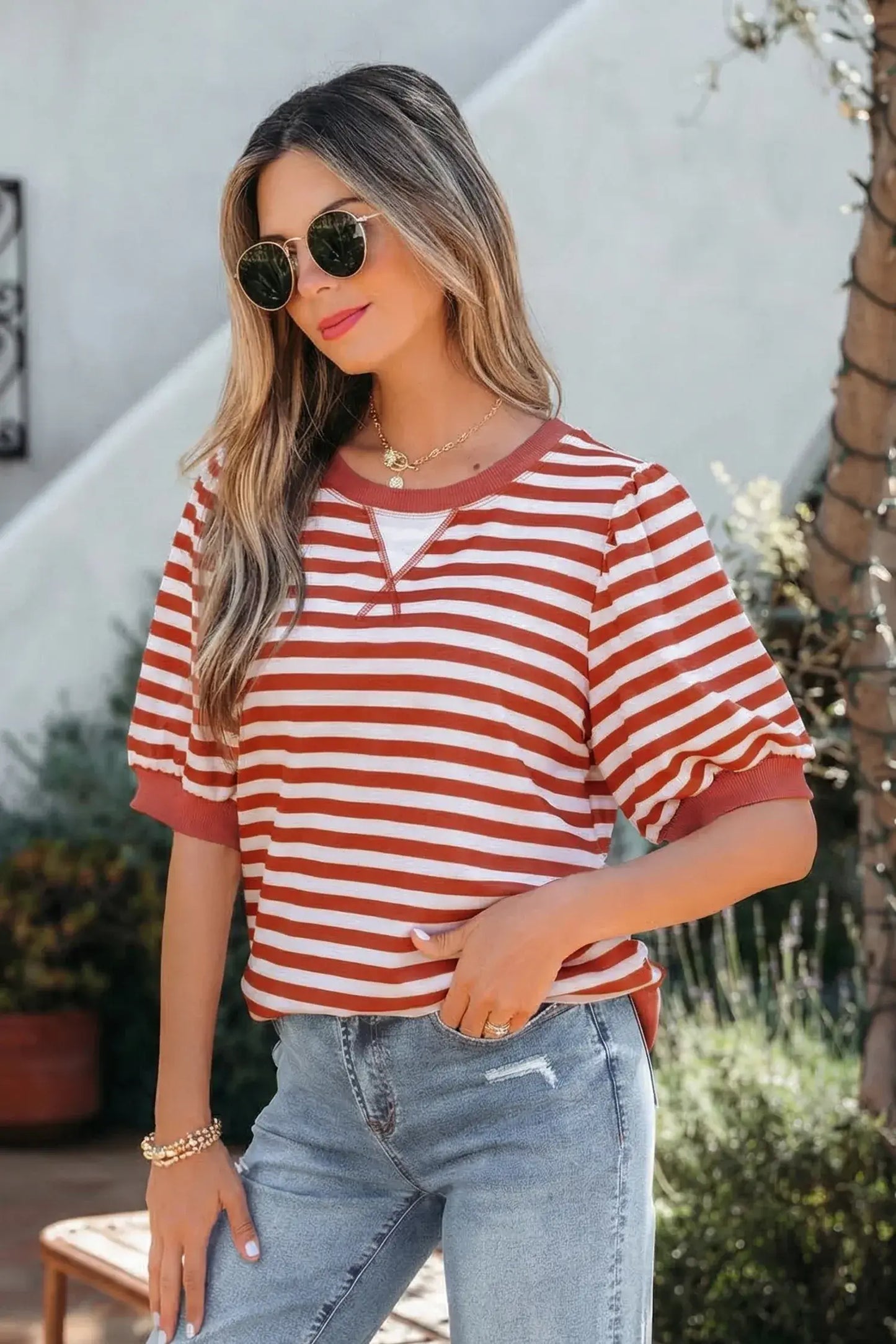 Khaki Stripe Short Bubble Sleeve T Shirt - Sweet Fashion Wholesale