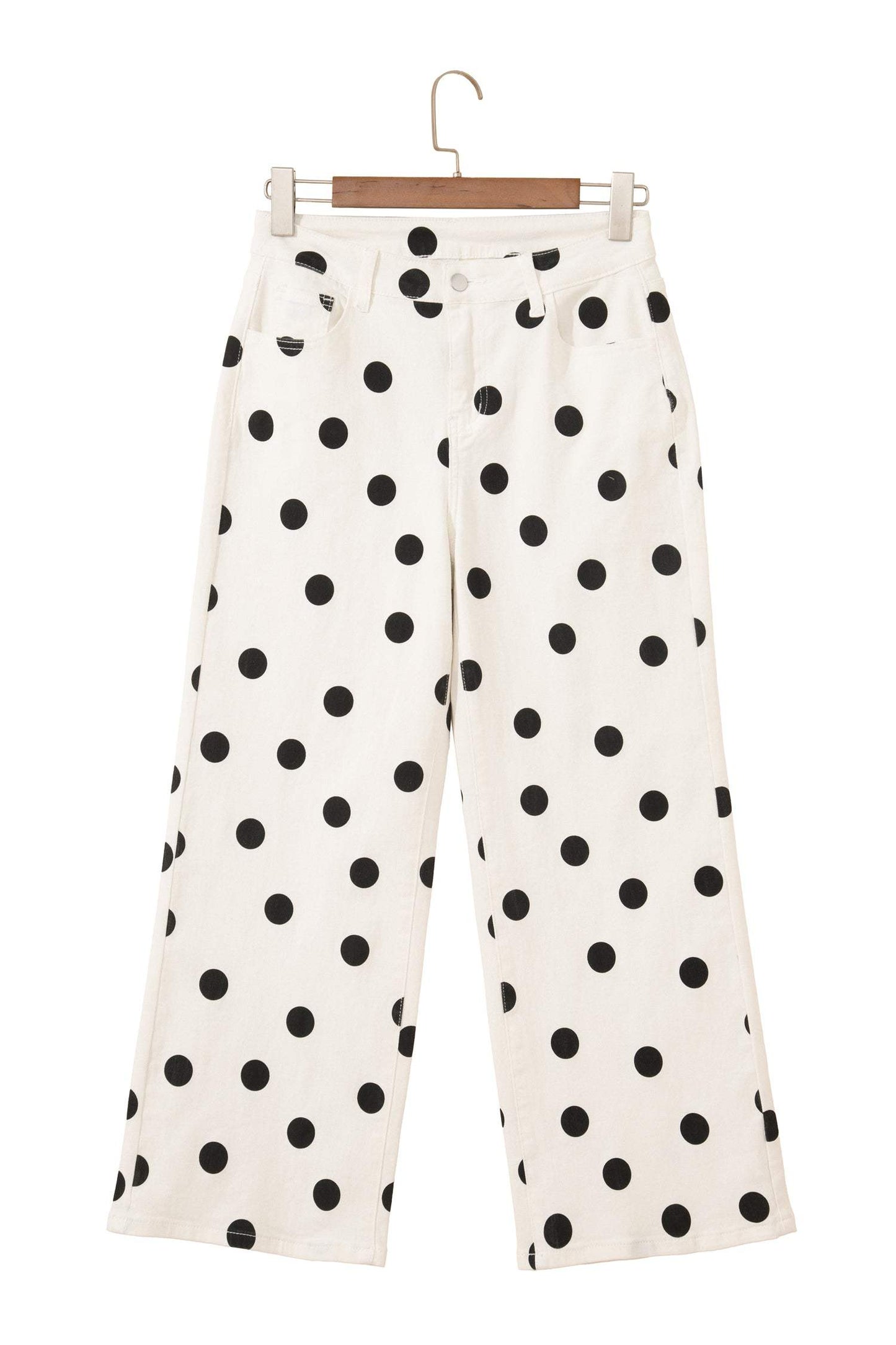 White Polka Dot Print Wide Leg Ankle-Length Jeans