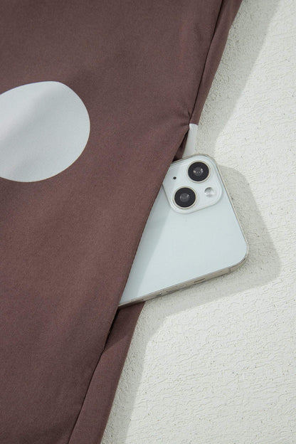 Brown Polka Dot Print Knot Back Short Puff Sleeve Loose Mini Dress