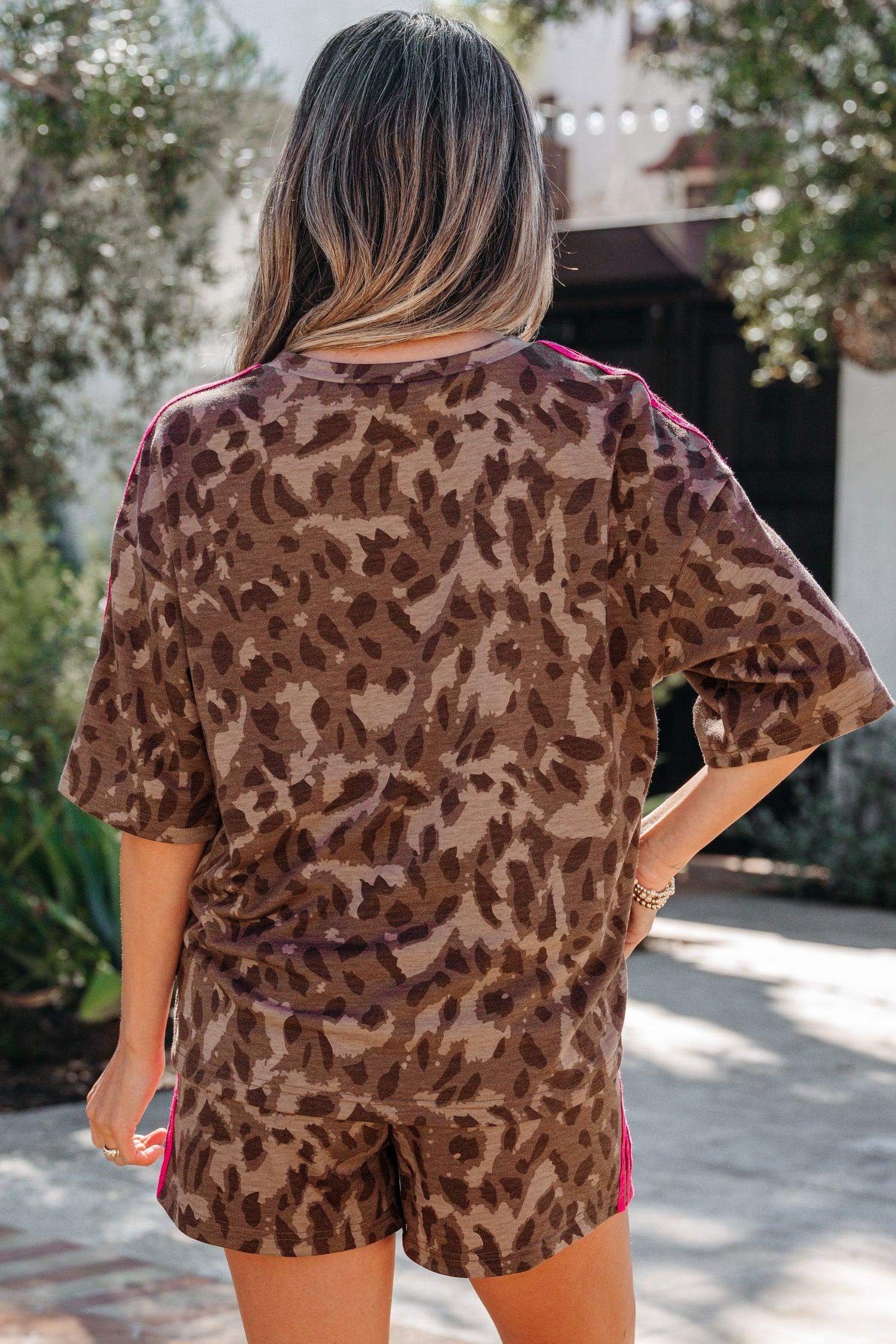 Brown Contrast Striped Accent Leopard Short Set - Sweet Fashion Wholesale
