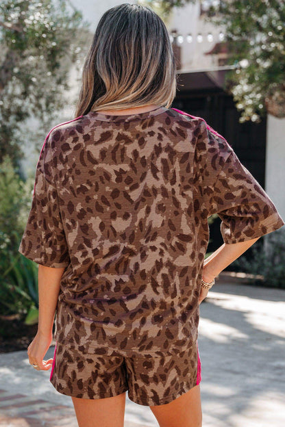 Brown Contrast Striped Accent Leopard Short Set - Sweet Fashion Wholesale