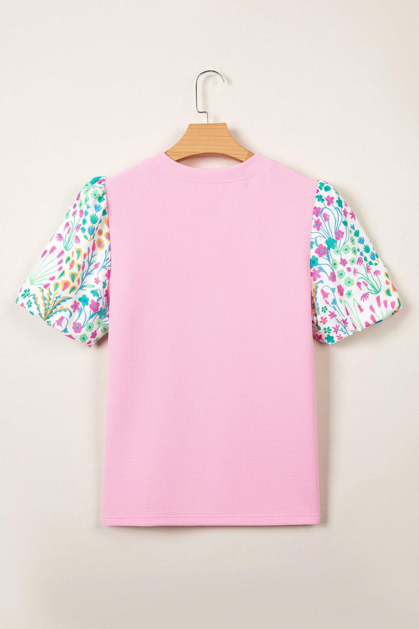 Pink Round Neck Textured Contrast Floral Bubble Sleeve Blouse