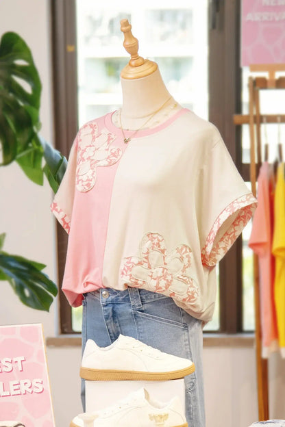 Apricot Color Block Flower Patched Loose T Shirt - Sweet Fashion Wholesale