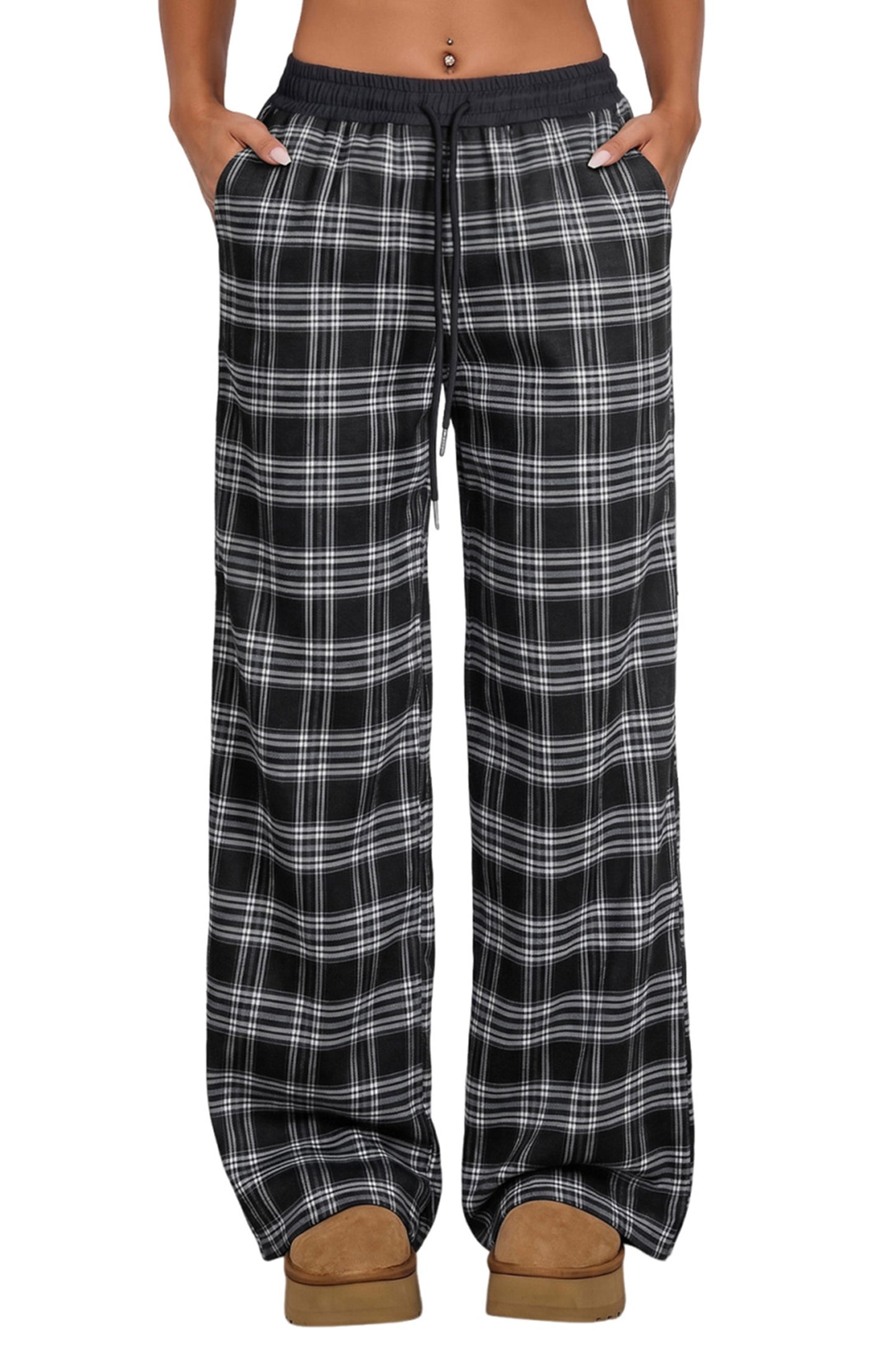 Black Frenchy Plaid Pattern Contrast Drawstring Waist Wide Leg Pants