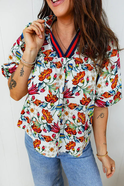 Multicolour Contrasted V Neckline Floral Puff Short Sleeve Blouse - Sweet Fashion Wholesale
