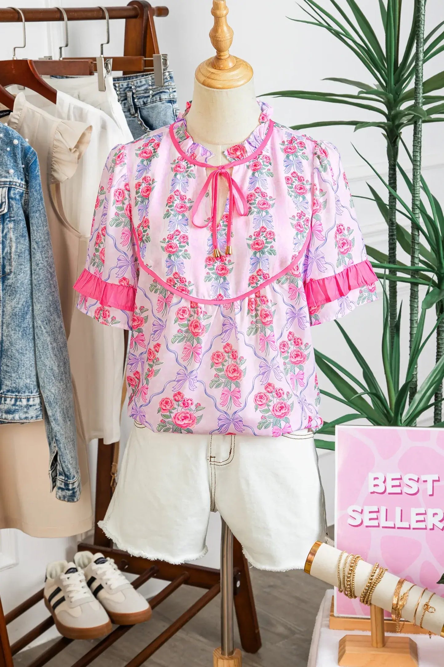 Purple Coquette Floral Bow Printed Contrast Ruffled Short Sleeve Blouse - Sweet Fashion Wholesale