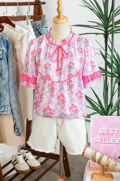 Purple Coquette Floral Bow Printed Contrast Ruffled Short Sleeve Blouse - Sweet Fashion Wholesale