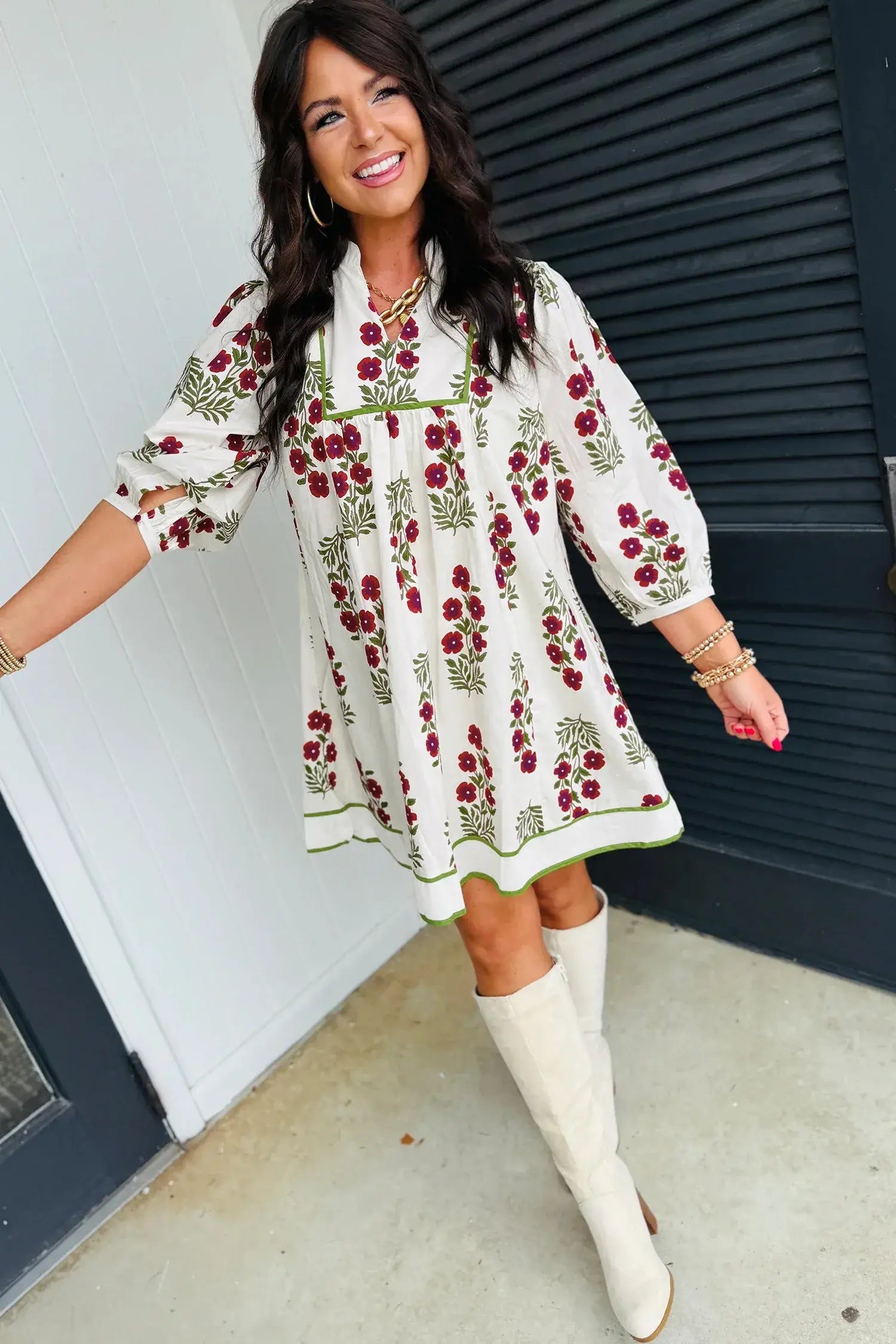 White Frilled V Neck 3/4 Sleeve Loose Floral Dress - Sweet Fashion Wholesale
