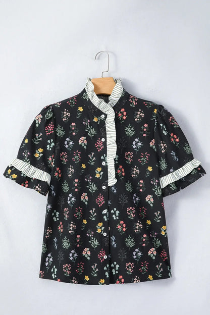 Black Contrast Frilled Trim Short Sleeve Floral Shirt - Sweet Fashion Wholesale