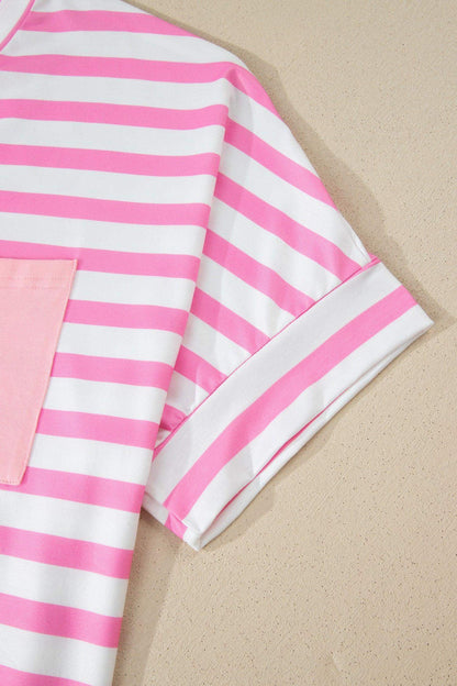 Pink Stripe Colorblock Patched Pocket V Neck Plus Size Tee - Sweet Fashion Wholesale