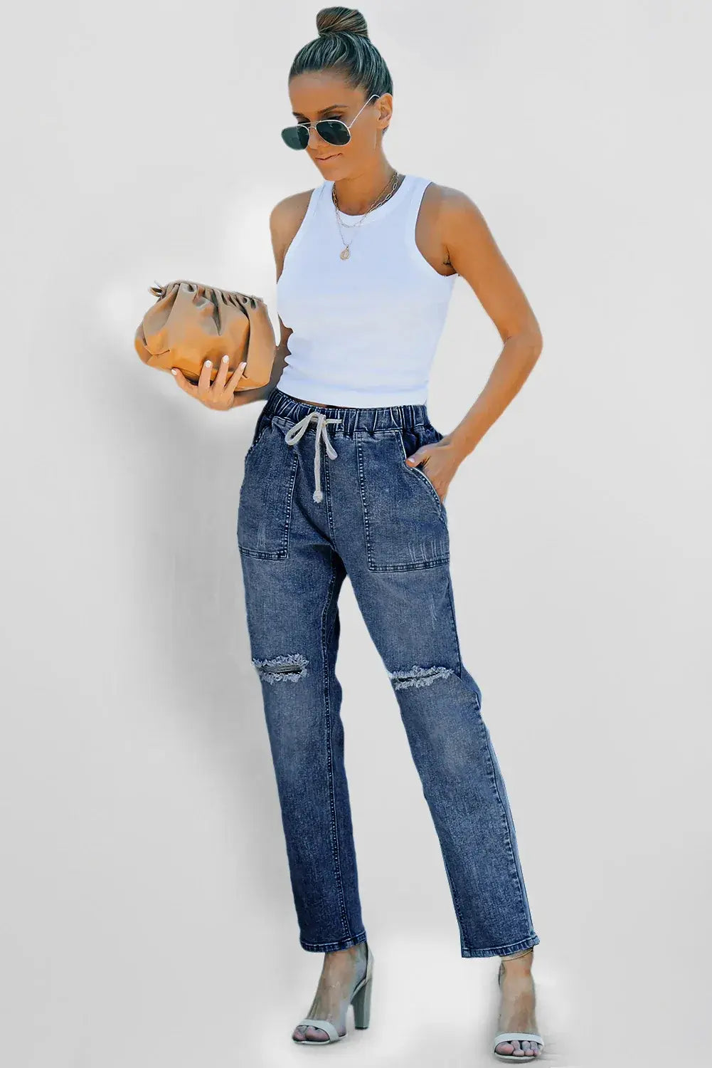 Dark Blue Gather Round Distressed Pocketed Denim Jogger - Sweet Fashion Wholesale