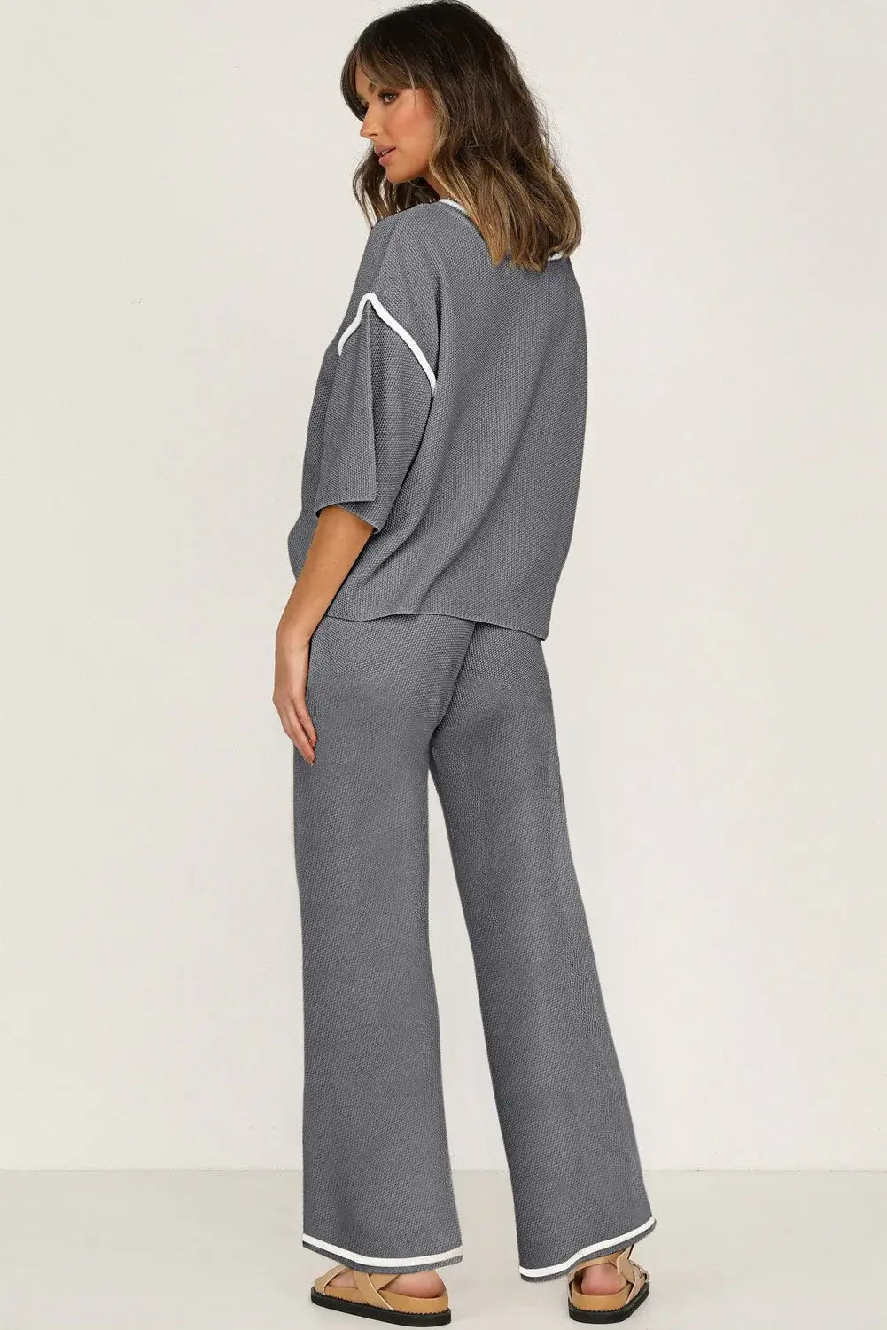 Blackish Green Contrast Trim Half Sleeve Top Drawstring Pants Loose 2pcs Sweater Suit - Sweet Fashion Wholesale