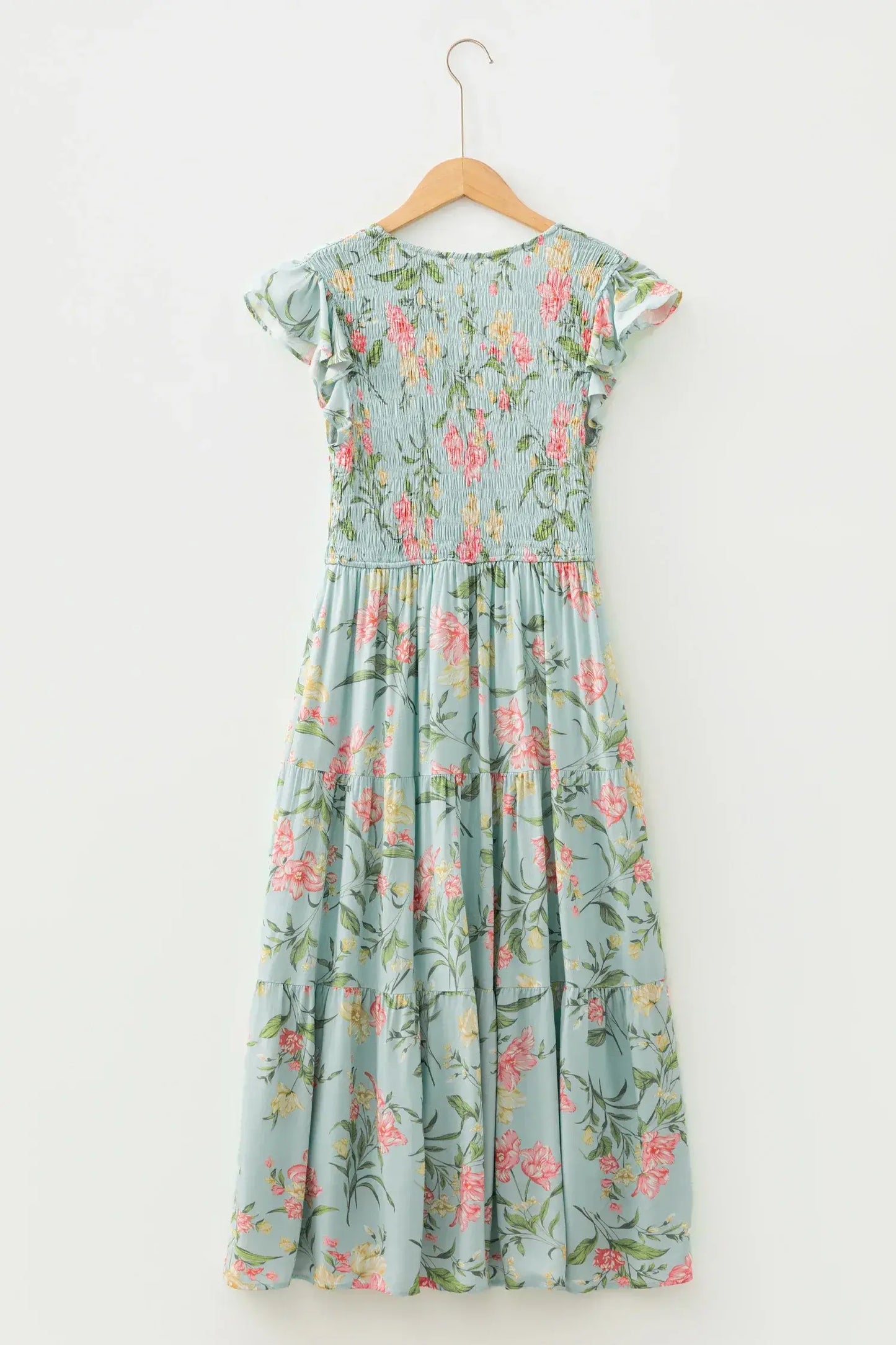 Yellow Smocked Bodice Ruffled Sleeveless Tiered Floral Maxi Dress - Sweet Fashion Wholesale