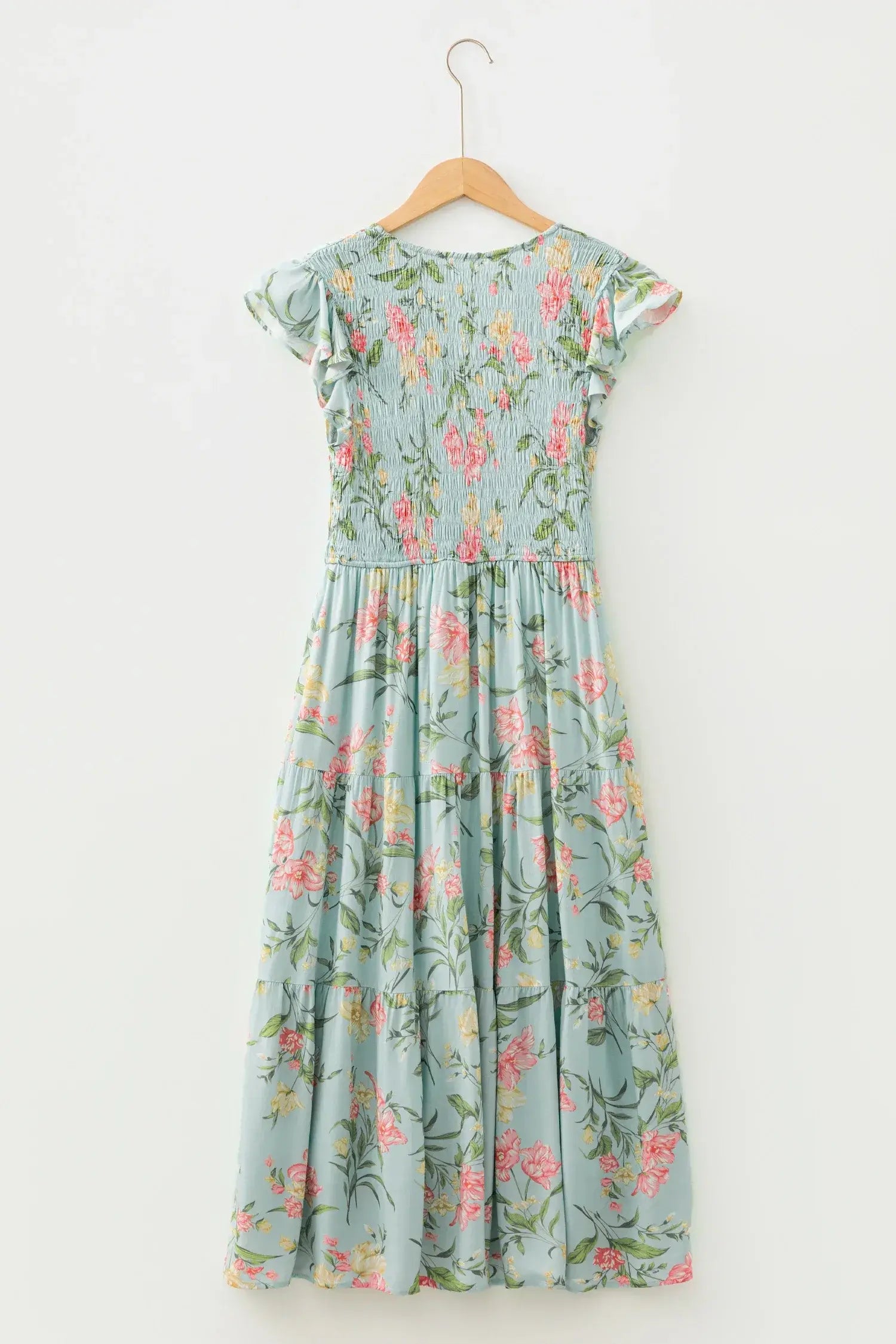 Yellow Smocked Bodice Ruffled Sleeveless Tiered Floral Maxi Dress - Sweet Fashion Wholesale
