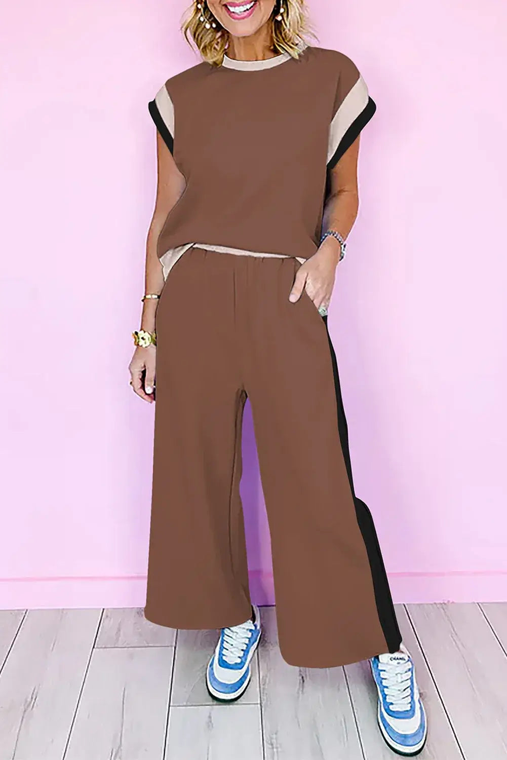 Dark Green Color Block Detail Casual Two-piece Set - Sweet Fashion Wholesale