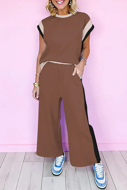Dark Green Color Block Detail Casual Two-piece Set - Sweet Fashion Wholesale