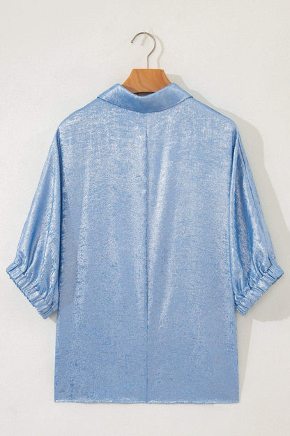 Myosotis Collared V Neck Half Sleeve Metallic Top