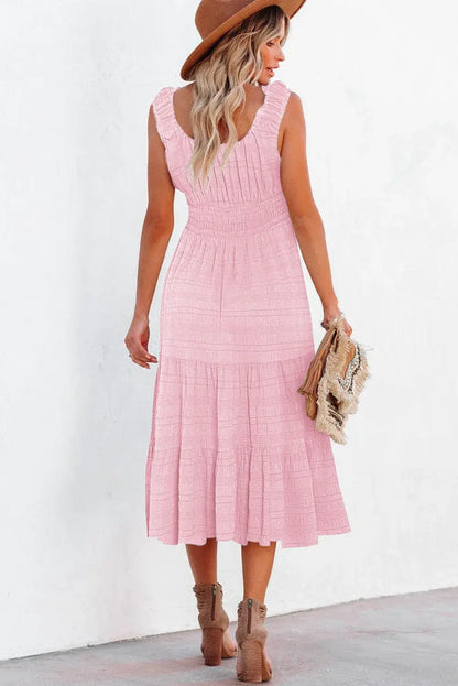 Black Shirred Pleated Square Neck Sleeveless Midi Dress - Sweet Fashion Wholesale