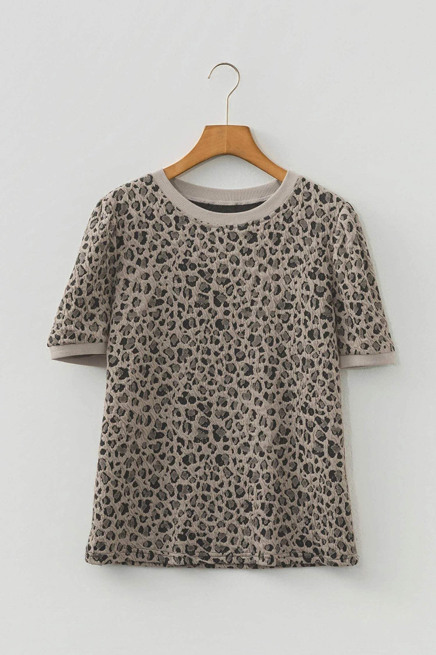 Khaki Textured Leopard Print Crew Neck Short Sleeve Top - Sweet Fashion Wholesale