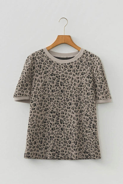 Khaki Textured Leopard Print Crew Neck Short Sleeve Top - Sweet Fashion Wholesale