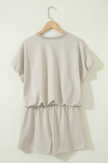 Smoke Gray Solid Color Puffy Loose Top Drawstring Shorts 2pcs Outfit