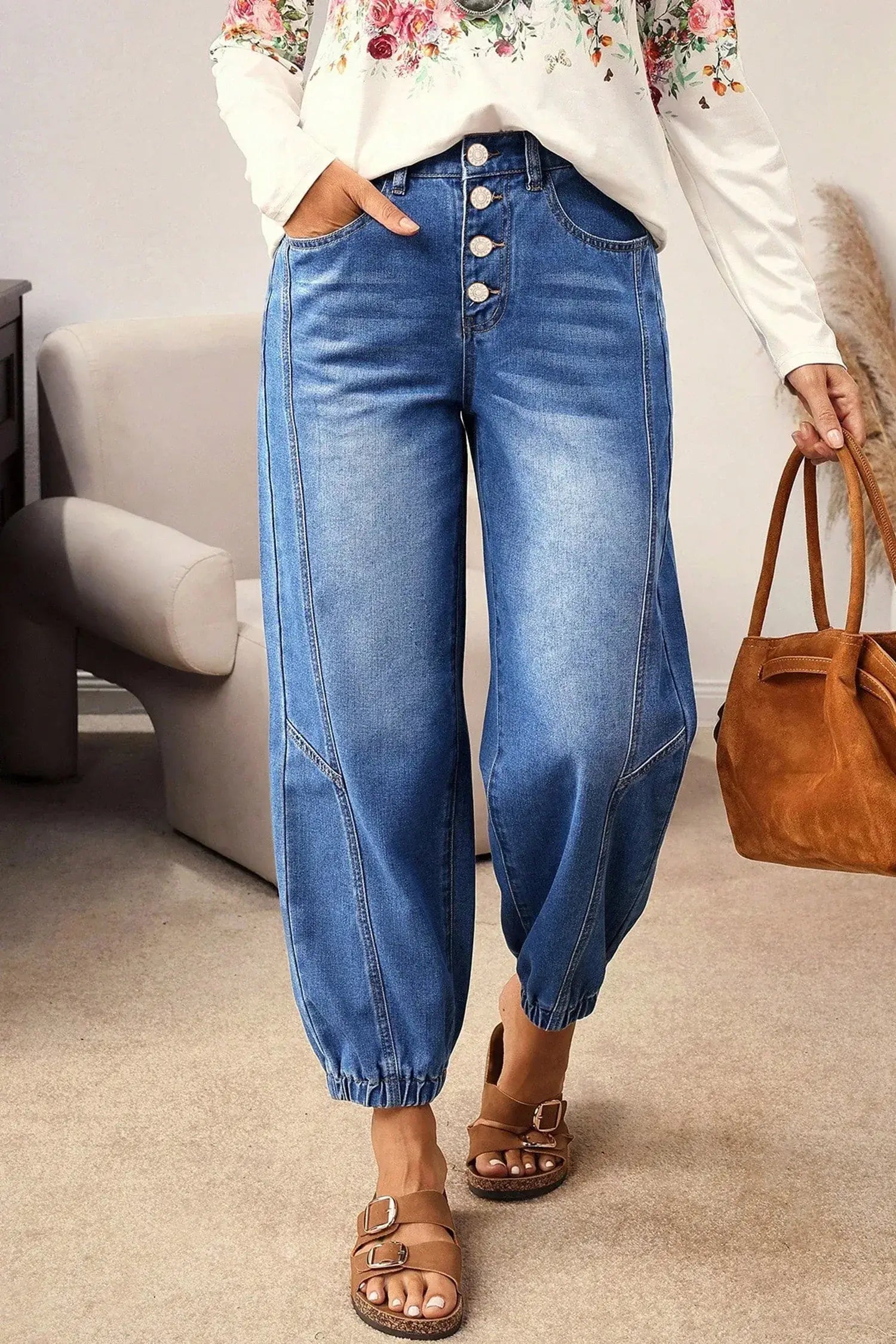 Blue 4 Buttons Front Tapered Casual Loose Fit Jeans - Sweet Fashion Wholesale