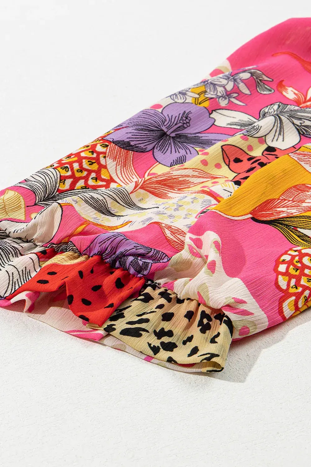 Red Abstract Floral Print Buttoned Ruffled Bubble Sleeve Shirt