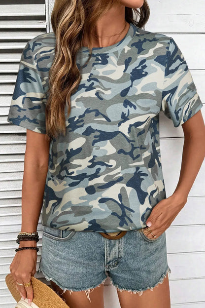 Pink Camouflage Print Crew Neck T Shirt - Sweet Fashion Wholesale