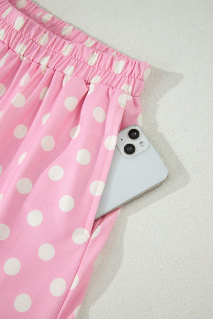 Green Polka Dot Print Color Block Trim Mock Neck Short Set