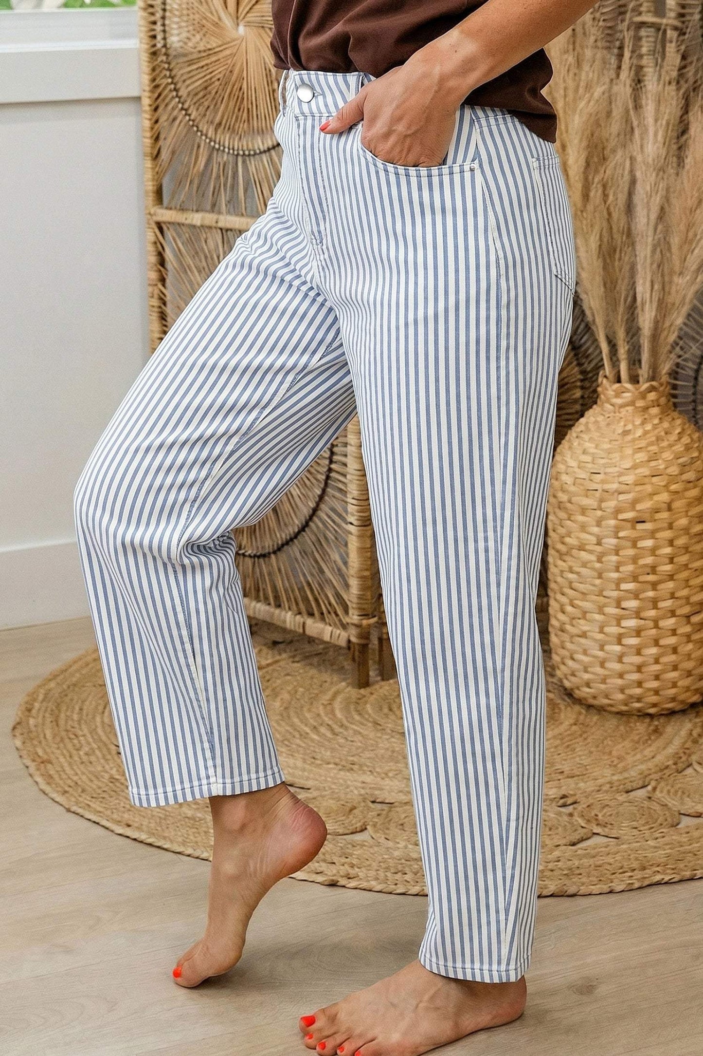Sky Blue Stripe Casual Barrel Jeans