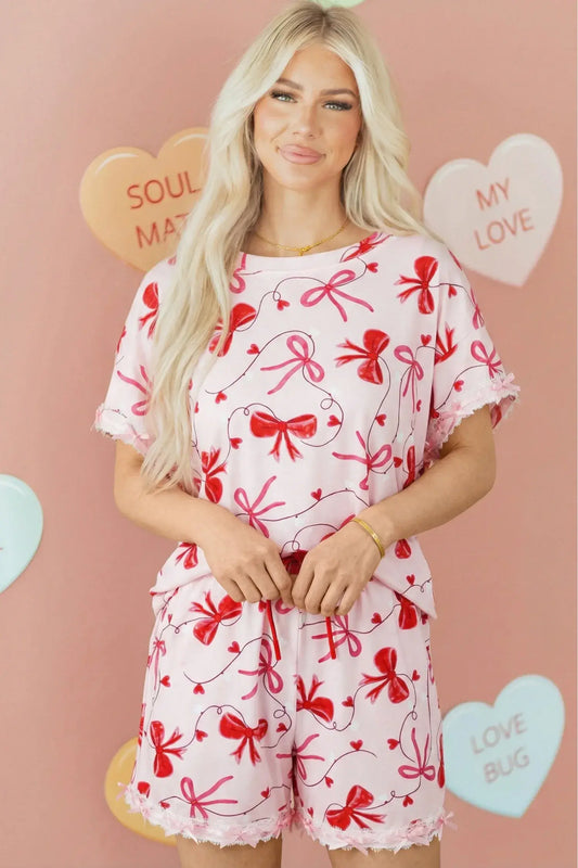 Red Romantic Bow Print Loose Tee Drawstring Shorts 2pcs Lounge Set - Sweet Fashion Wholesale