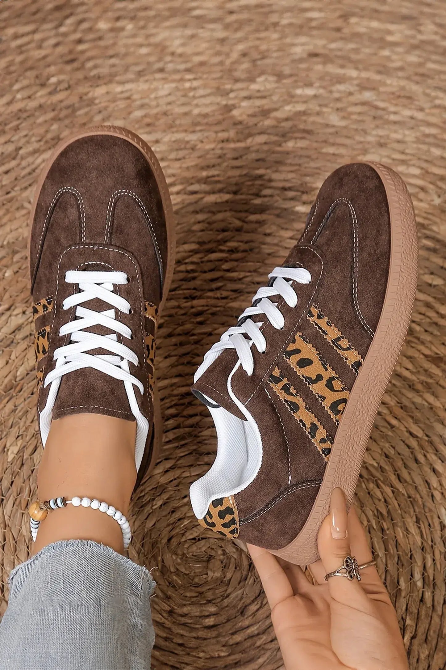Coffee Contrast Lace-up Leopard Patchwork Detail Faux Suede Shoes - Sweet Fashion Wholesale