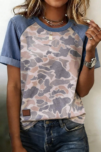 Multicolour Camouflage Print Denim Color Block Sleeve Casual Tee
