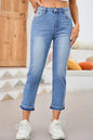Sky Blue Whiskered Wash Raw Hem Cropped Jeans - Sweet Fashion Wholesale