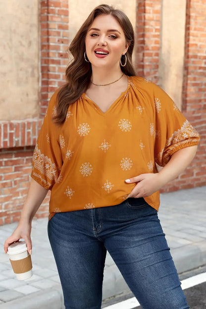 Green Boho Chic Notched V Neck Plus Floral Short Sleeve Top - Sweet Fashion Wholesale
